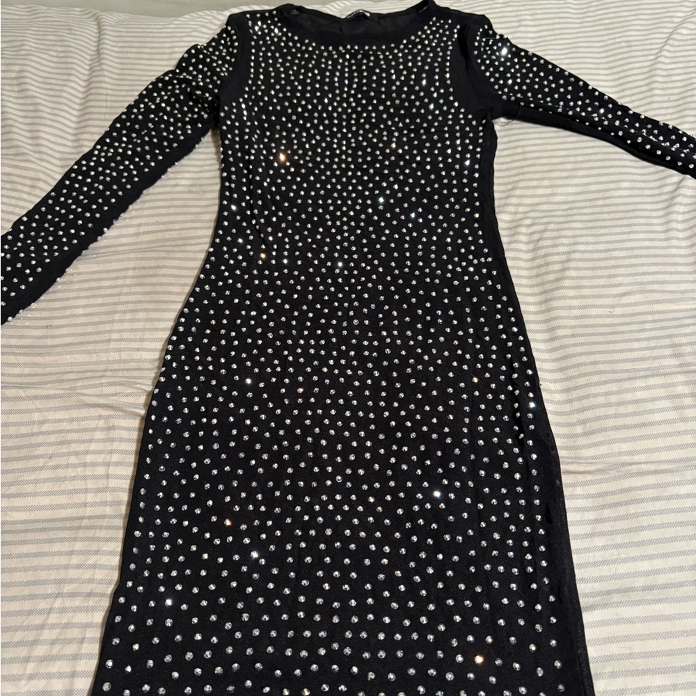 Windsor Black Long Sleeve See through Dress with crystal Accents